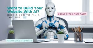 Robot working on computer at desk, representing AI-generated websites needing human review and oversight