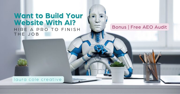 Robot working on computer at desk, representing AI-generated websites needing human review and oversight