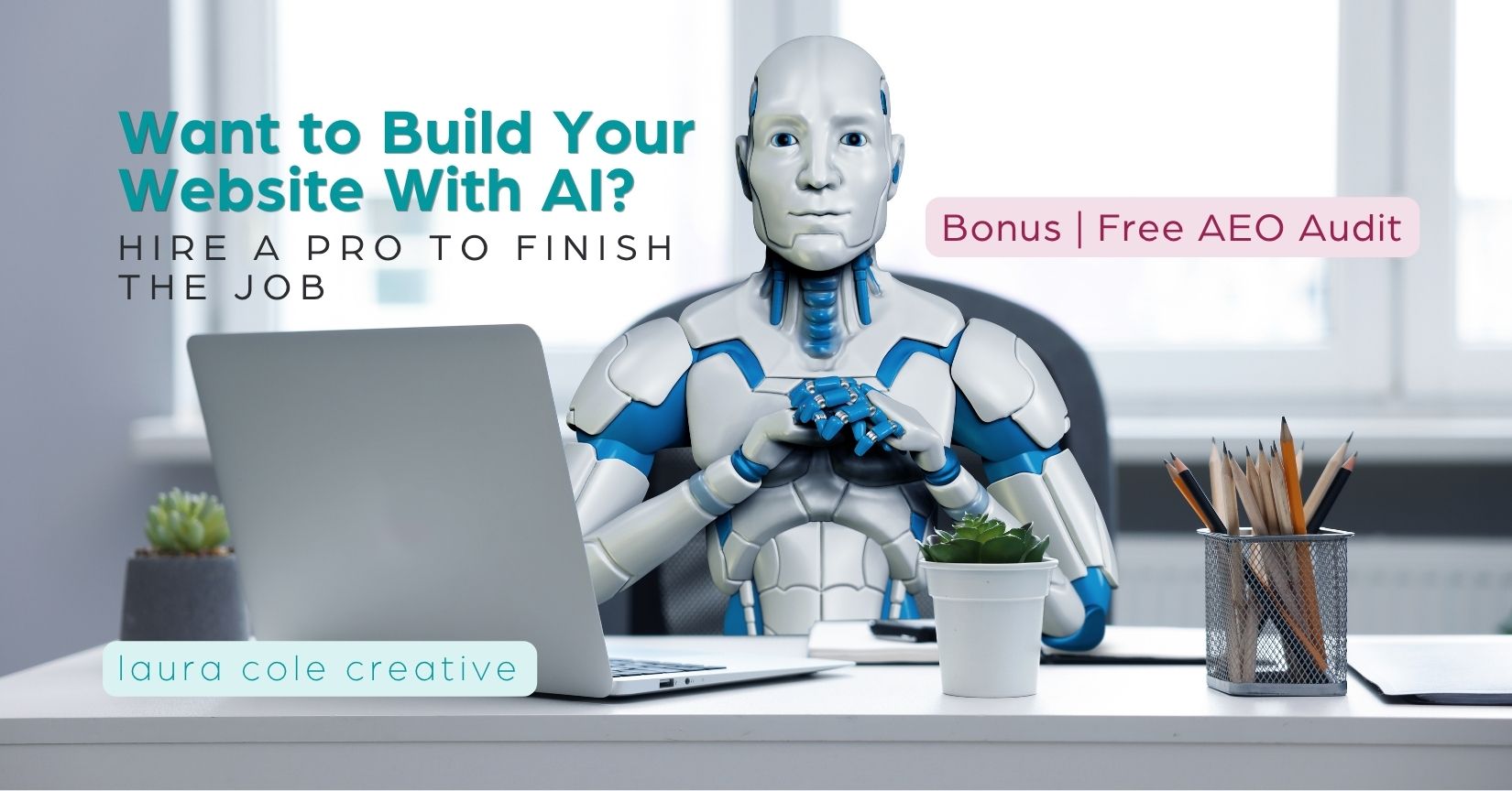 Robot working on computer at desk, representing AI-generated websites needing human review and oversight
